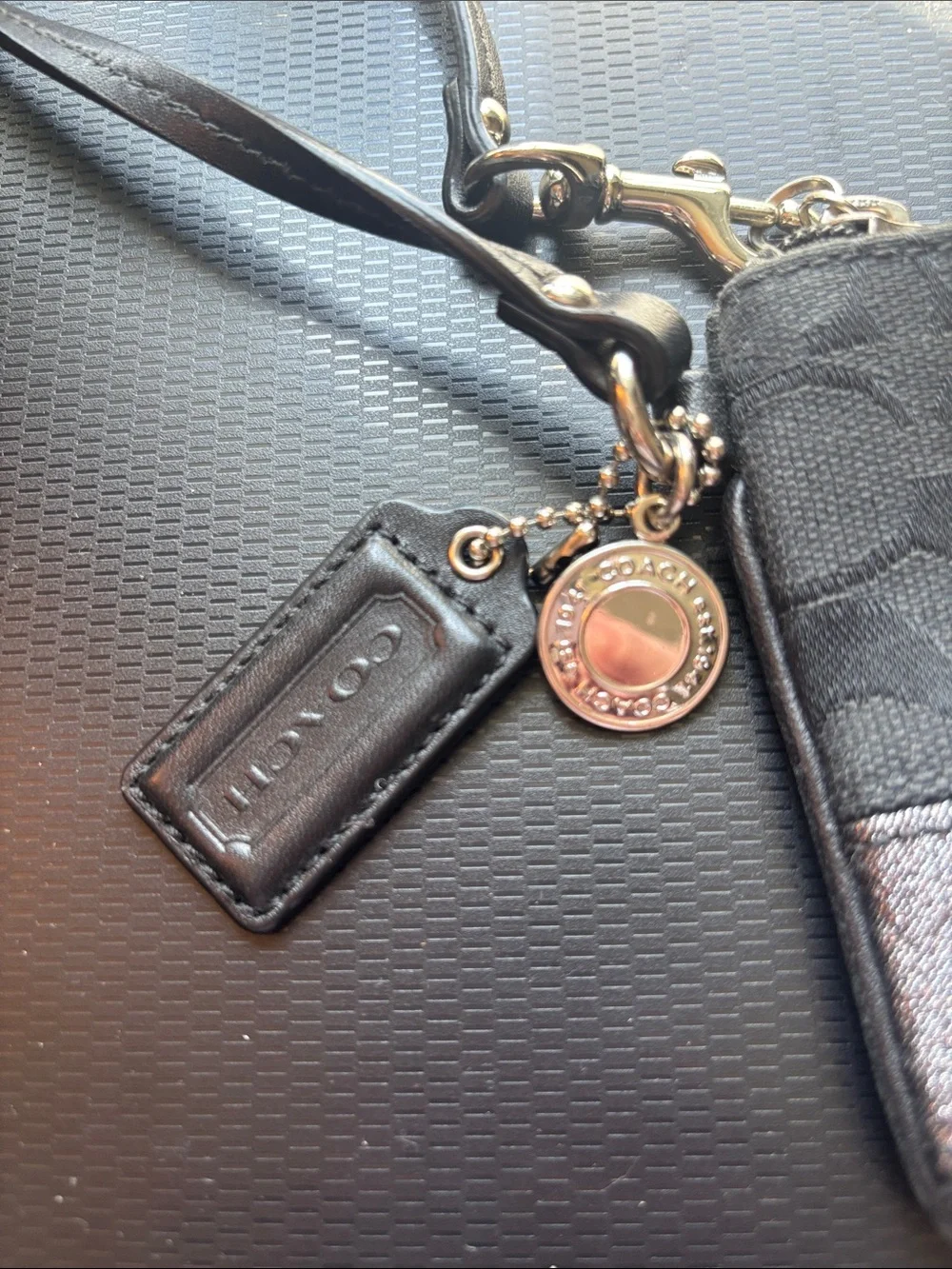 Coach Black Signature Wristlet with Gunmetal Accent